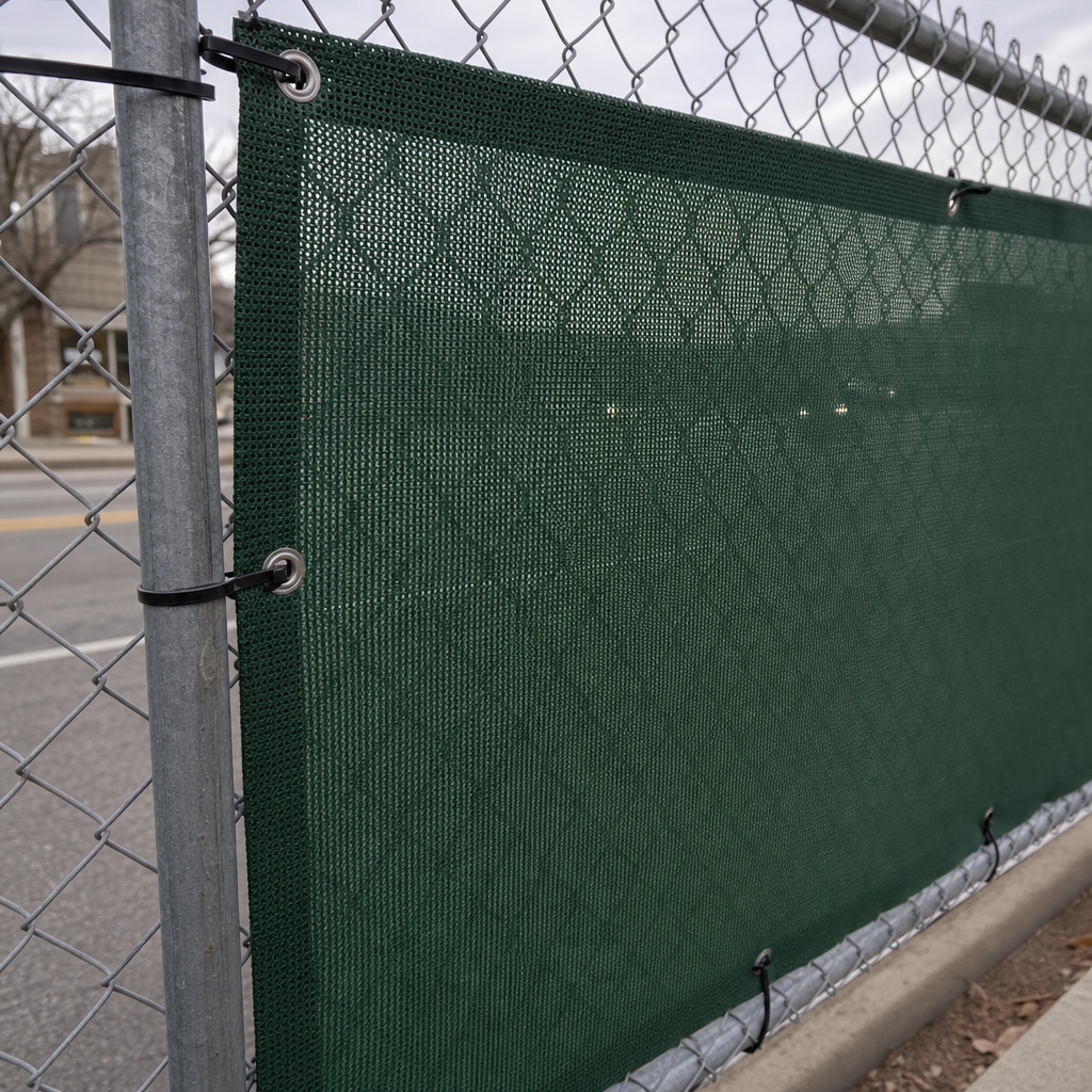 Close view of perforated mesh banner material tensioned on a chain-link construction fence