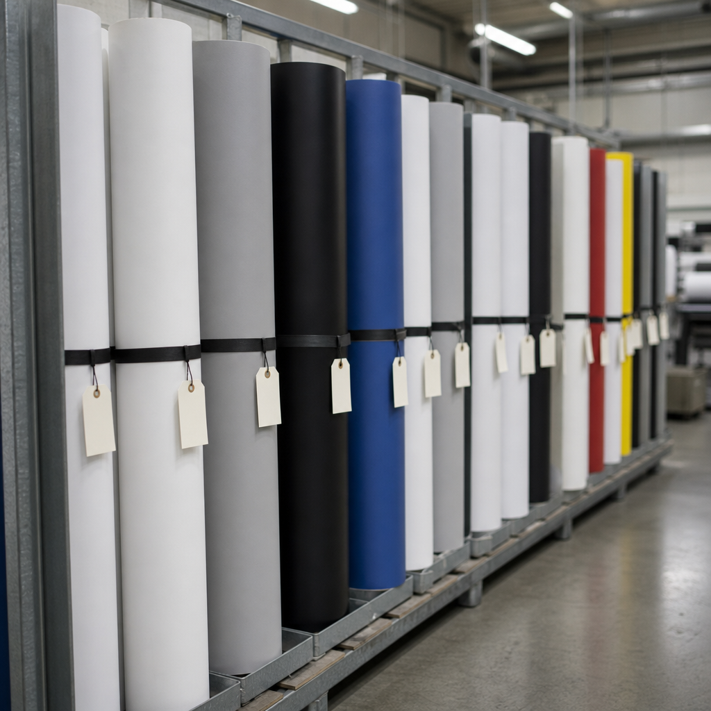 Rolled banners standing upright in a rack, each roll tagged with a plain label